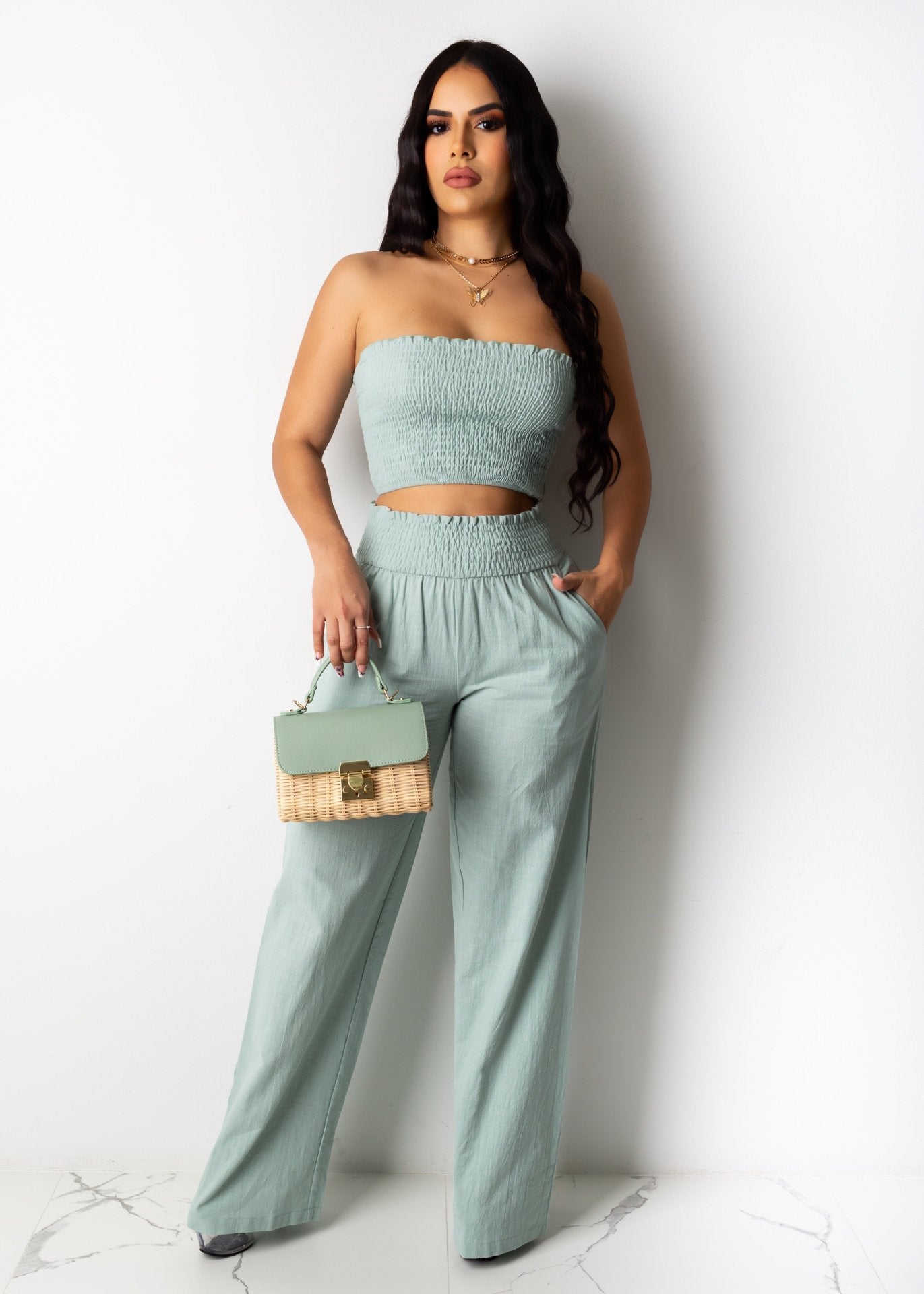 Pleated Sexy Tube Top Two-Piece Suit Trousers