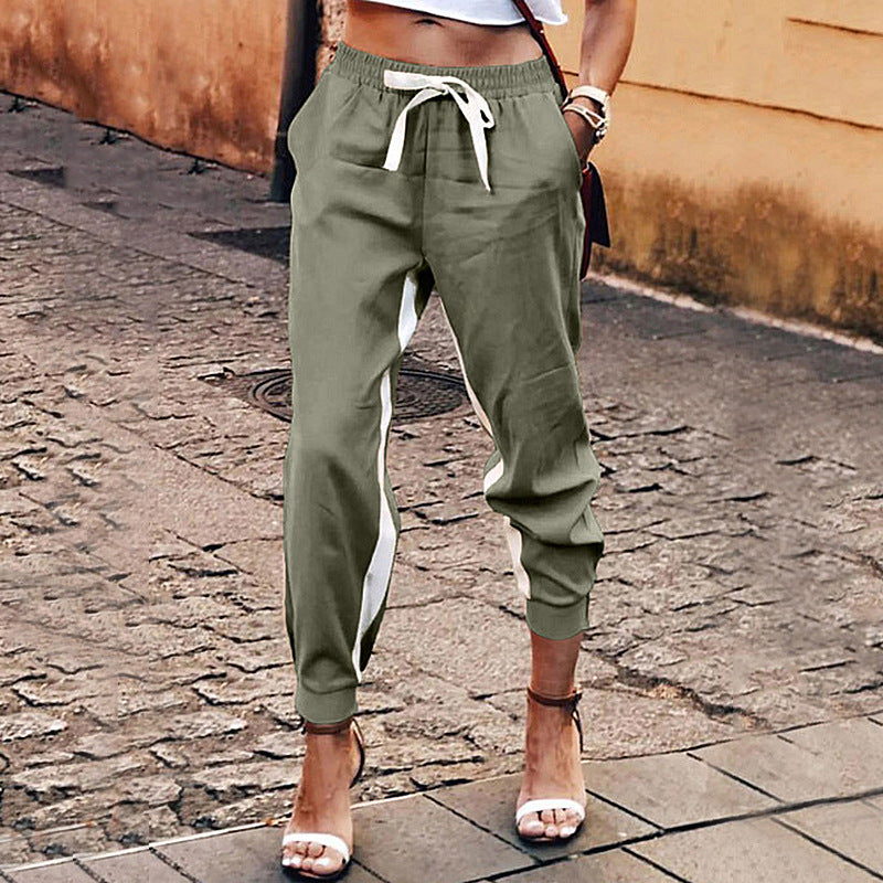 Solid Color Stitching Elastic Lace-up Trousers