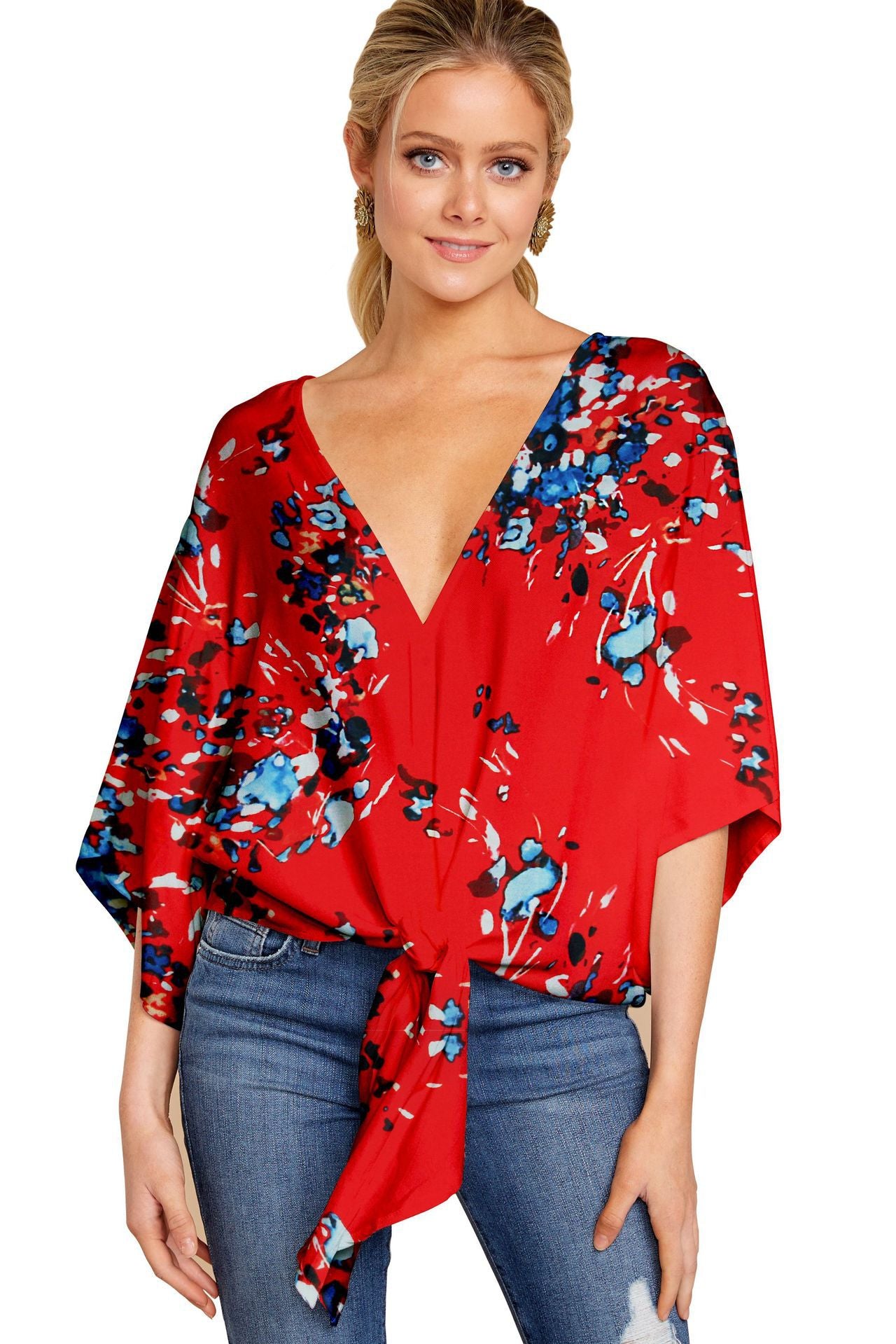 Deep V-neck Spring Printed Loose Top