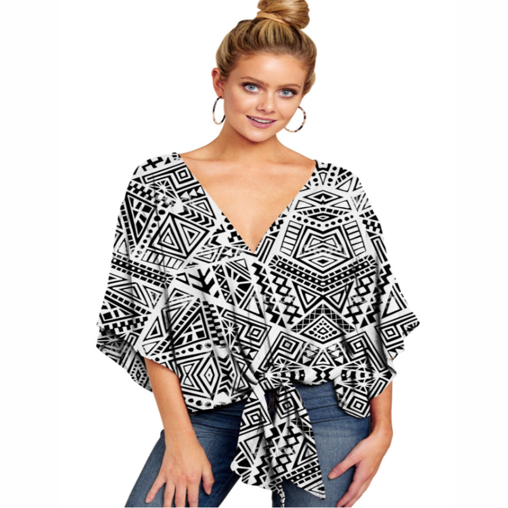 Deep V-neck Spring Printed Loose Top