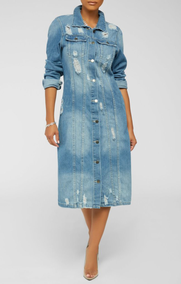 Women's Denim Long Trench Coat Ripped Jacket